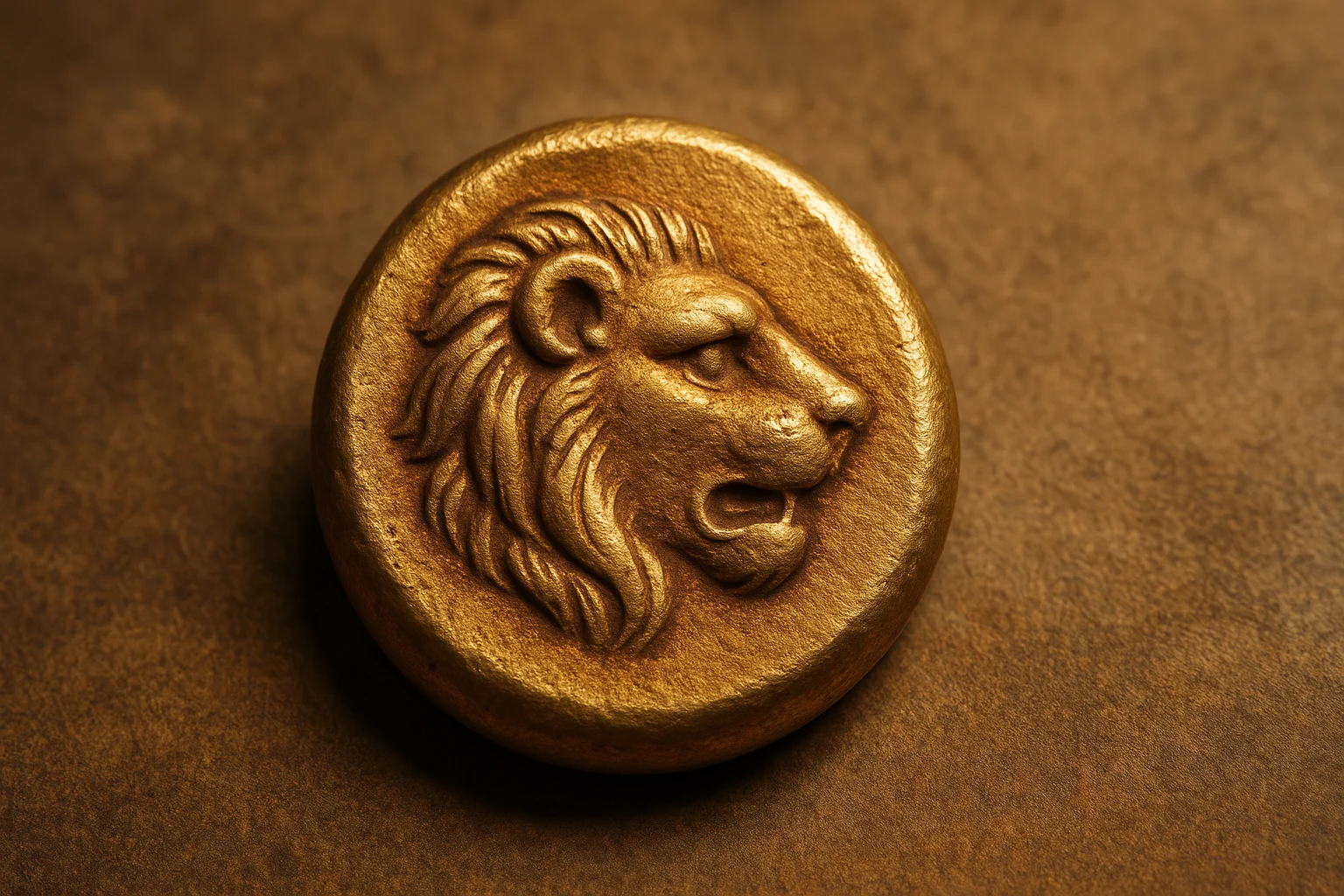 Primer plano de una antigua moneda de electro con la cabeza de un león en relieve, sobre una superficie marrón texturizada.
