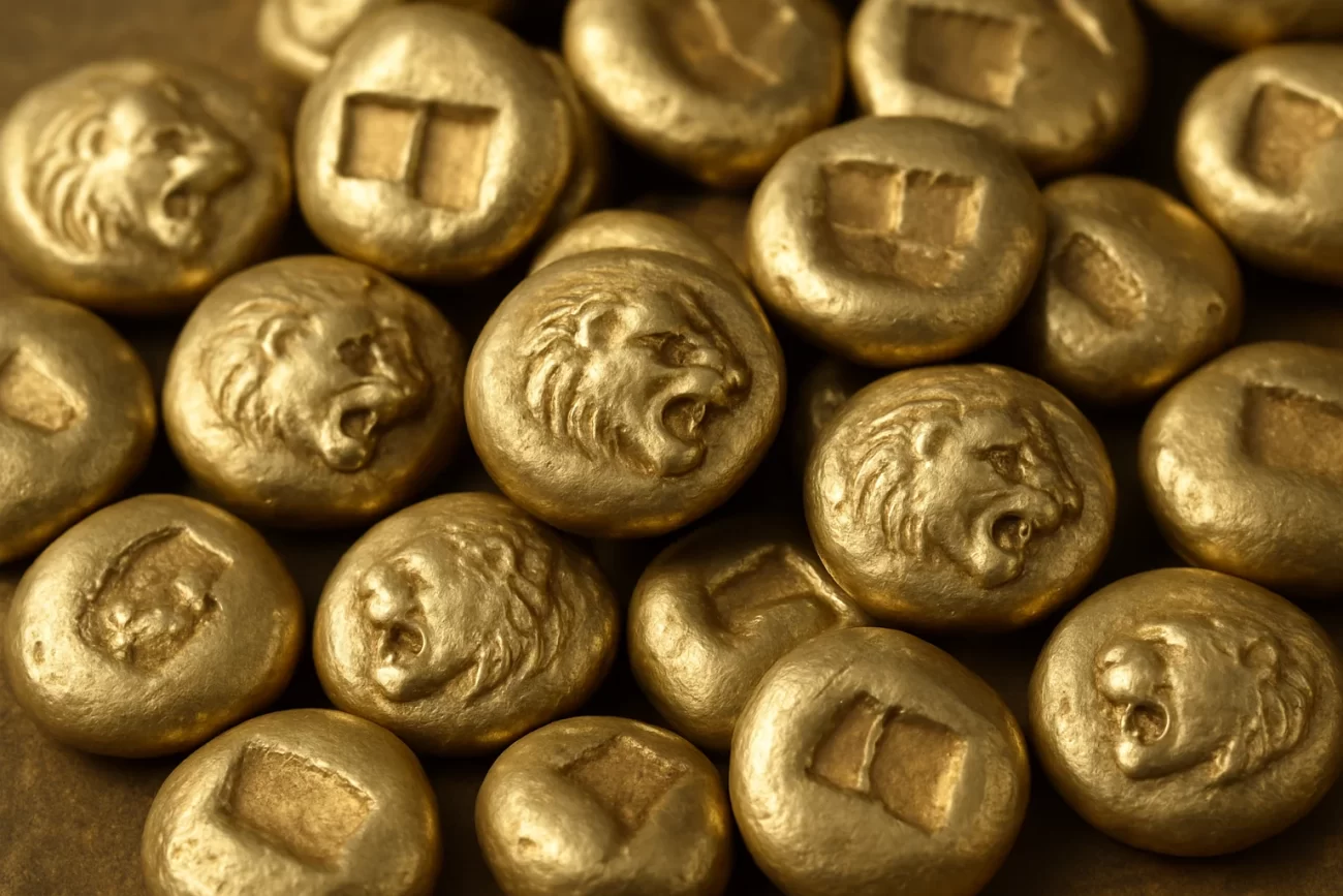 Montón de monedas lidias de electro, irregulares y envejecidas, con cabezas de león en relieve y marcas cuadradas hundidas en el reverso.