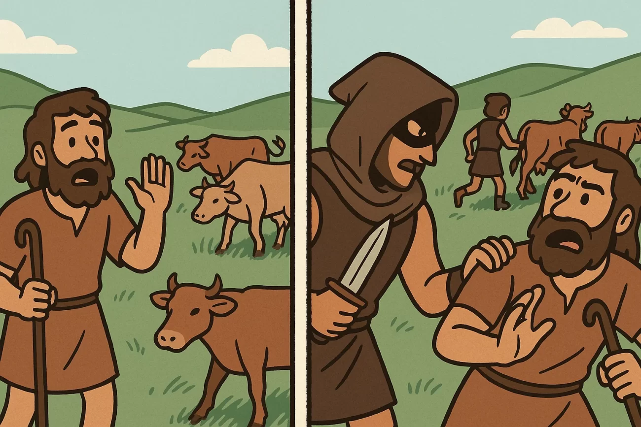 Escena de historieta donde un pastor es amenazado por un ladrón mientras otros se llevan su ganado en un entorno rural antiguo.