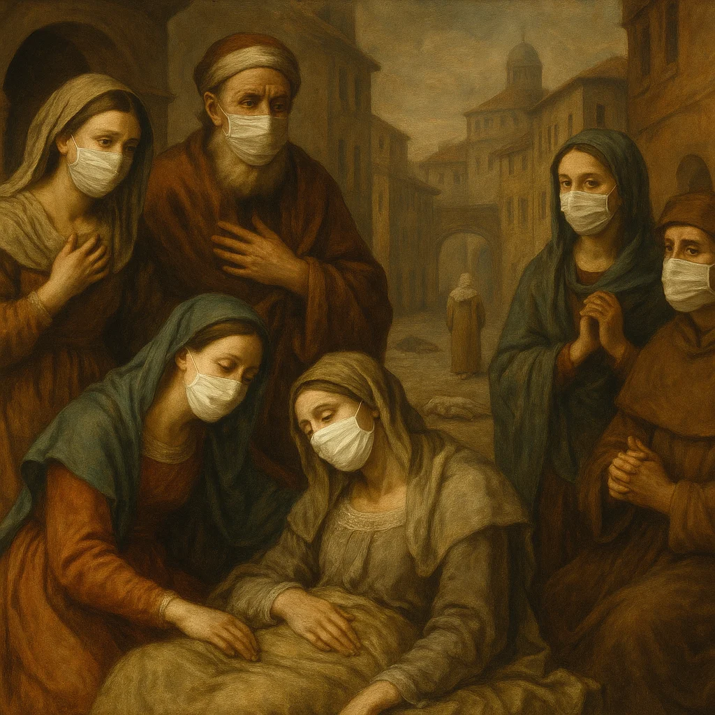 Pintura al estilo renacentista con varias personas usando tapabocas en una ciudad antigua, representando el impacto social de una pandemia