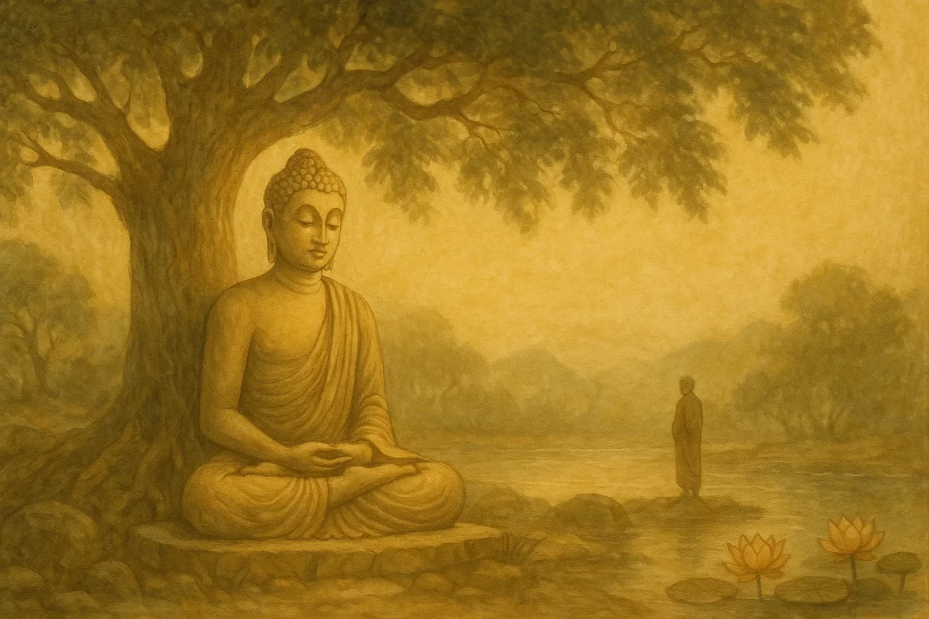 Buda sentado en meditación bajo el árbol Bodhi, en un entorno natural sereno con iluminación suave y atmósfera espiritual.