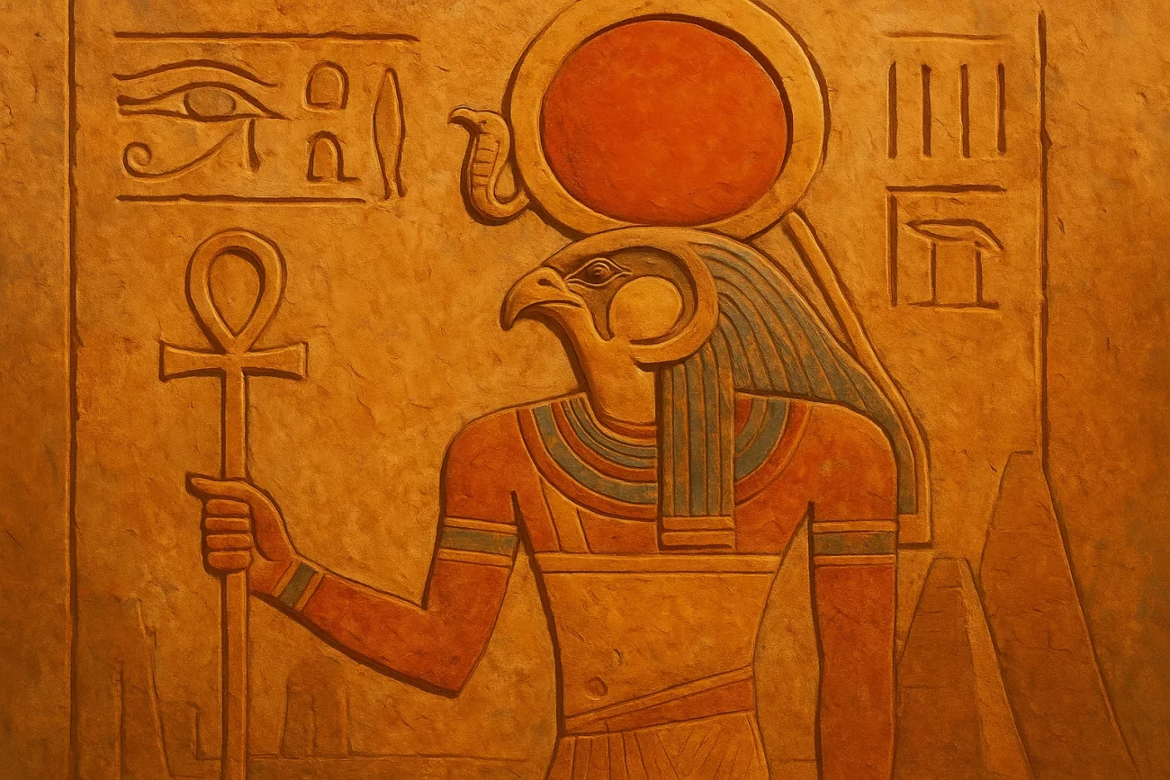 Relieve mural egipcio que representa al dios Ra con cabeza de halcón y disco solar, tallado en piedra dorada y con jeroglíficos.