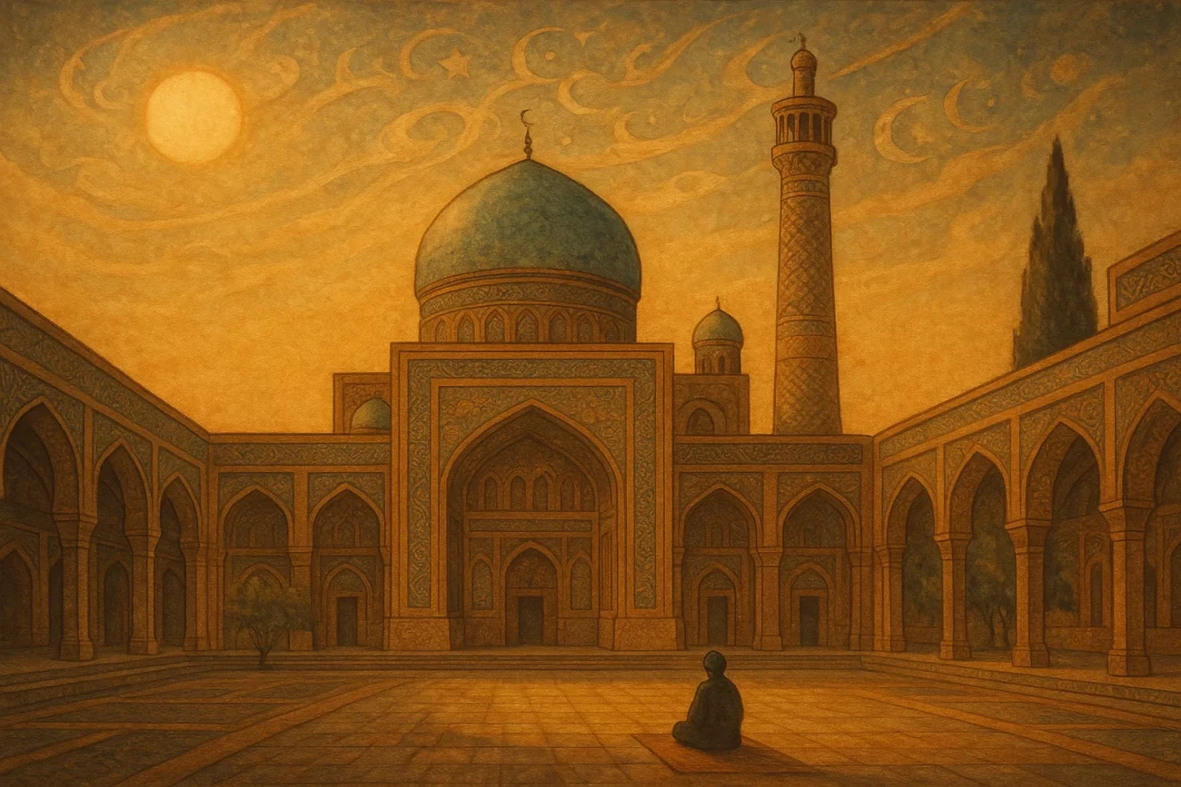 Pintura tradicional de estilo islámico que muestra una gran mezquita con cúpulas y arcos ornamentados, rodeada de luz al atardecer.