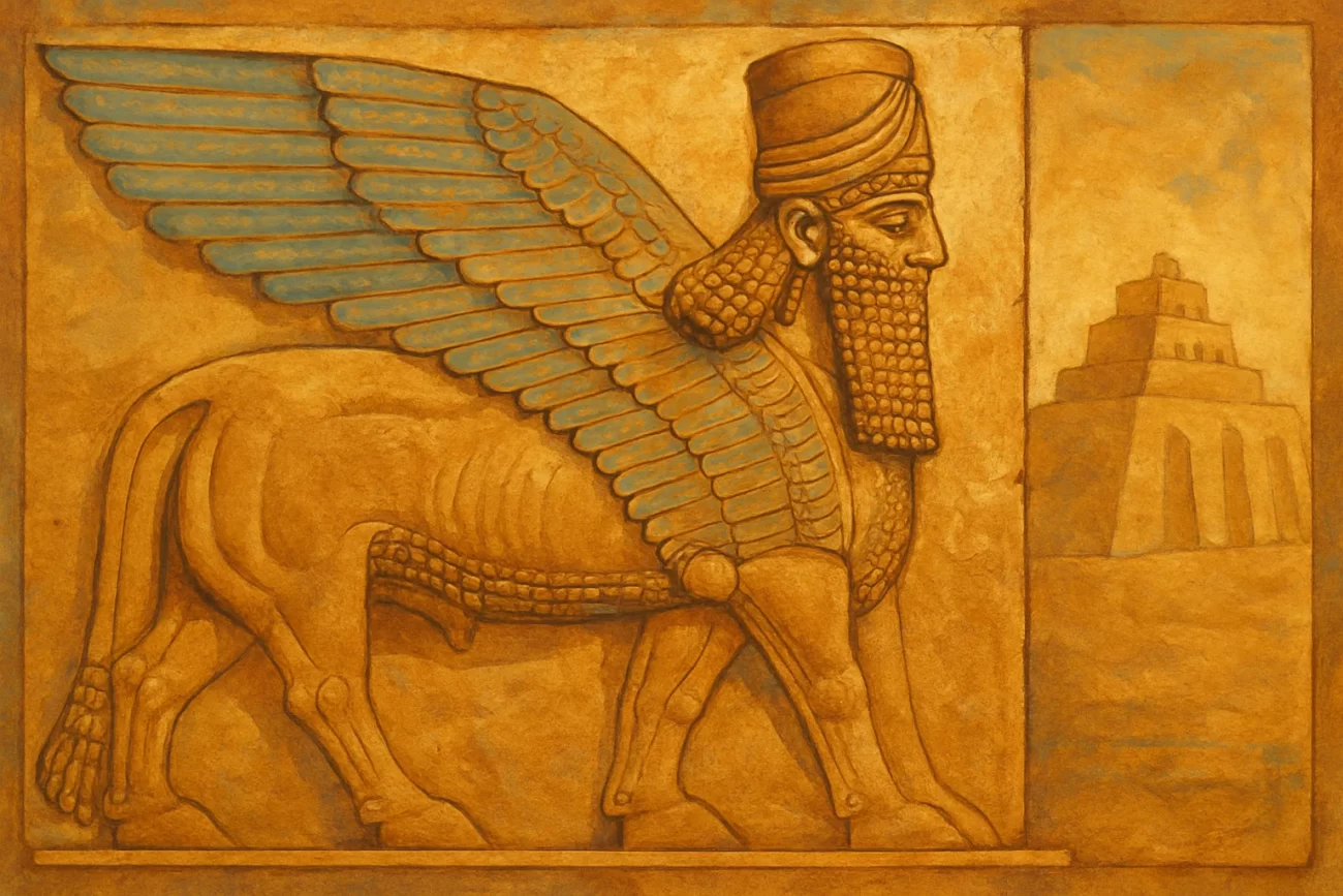 Pintura mural estilo mesopotámico que muestra un Lamassu alado grabado en piedra, junto a un zigurat al fondo.