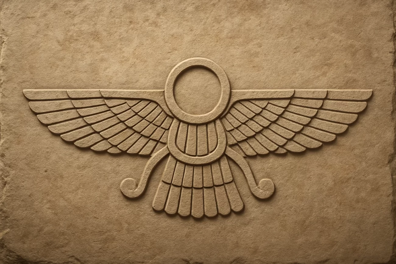 Representación abstracta del Faravahar sin figura humana, con alas simétricas y círculo central tallado en piedra beige.