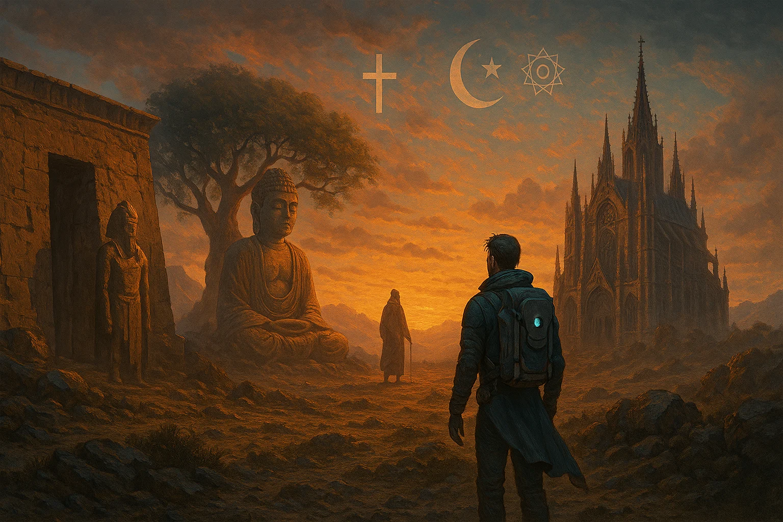 Figura solitaria del futuro observando desde una colina distintos monumentos religiosos antiguos, como un templo egipcio, una estatua de Buda y una catedral gótica, bajo una luz cálida y difusa.