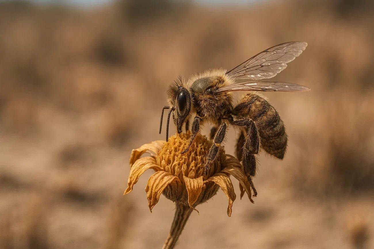 Abeja posada sobre una flor marchita en un paisaje seco y agrietado, resaltando la escasez de vegetación y el tono árido del entorno.