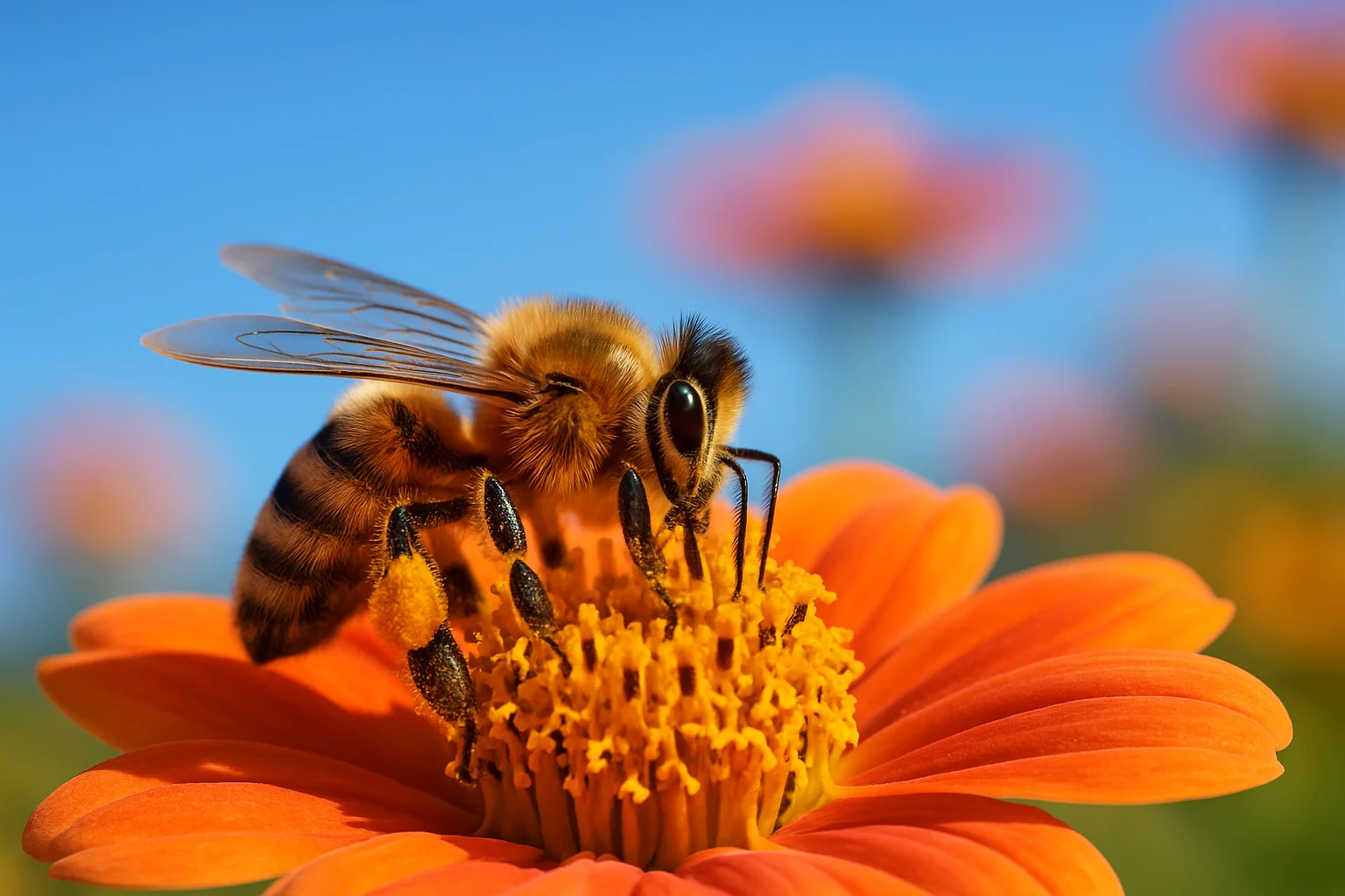Abeja en primer plano recolectando polen sobre una flor naranja vibrante, con un fondo desenfocado de flores coloridas y cielo azul intenso.