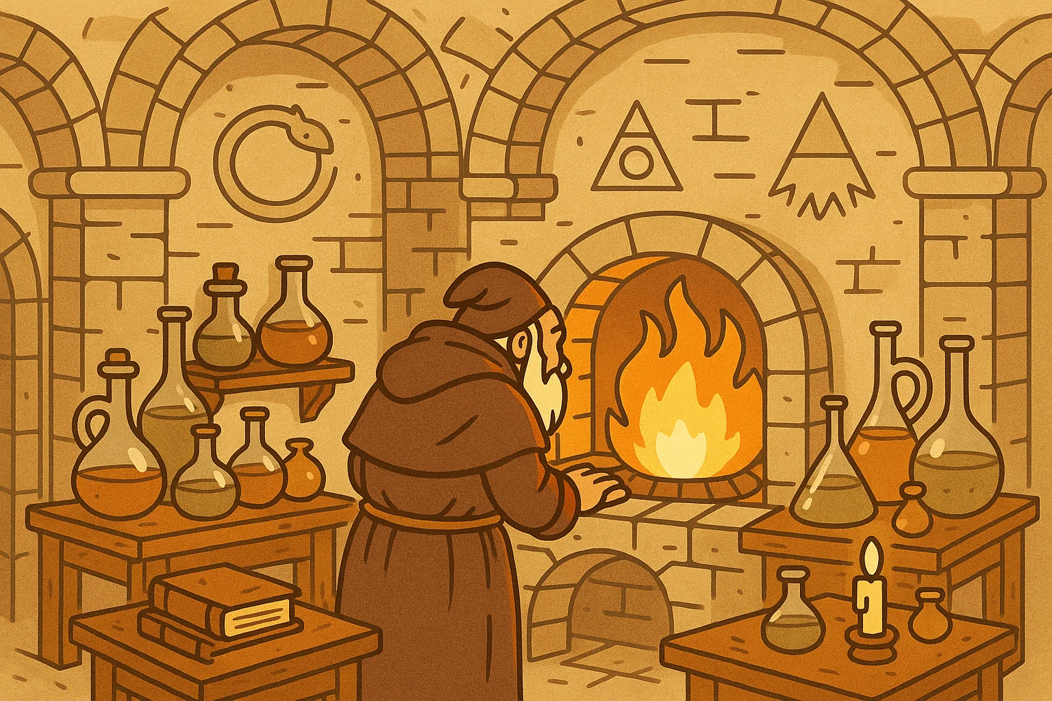 Ilustración isométrica de un alquimista trabajando en su laboratorio medieval, rodeado de instrumentos y símbolos mágicos, con ambiente cálido y encantador.