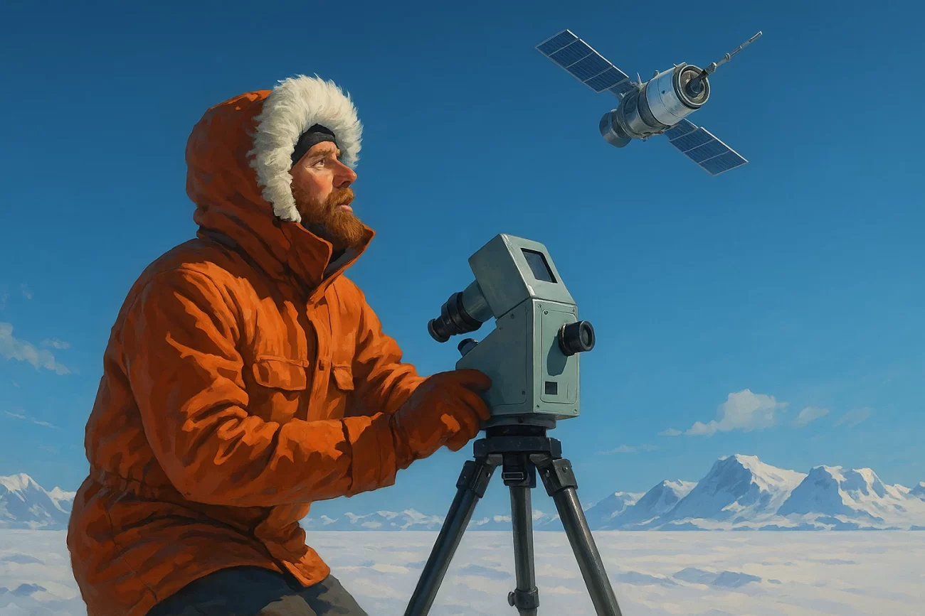 Ilustracion de un científico con abrigo polar midiendo el cielo en la Antártida mientras un satélite orbita sobre él en un cielo despejado.