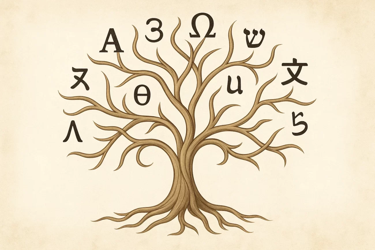 Ilustración conceptual de un árbol cuyas ramas se transforman en símbolos de distintos alfabetos, representando la diversidad lingüística del mundo.