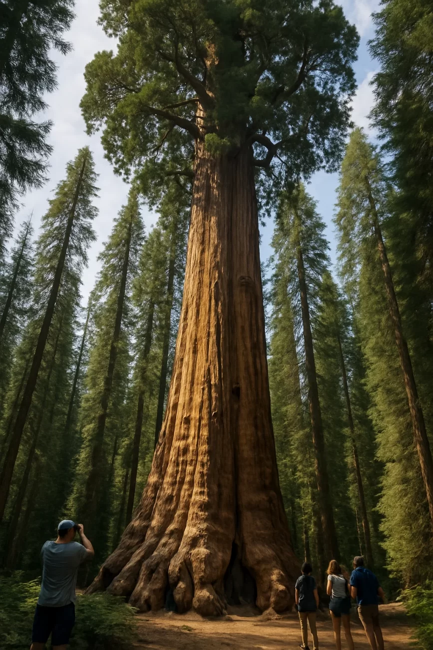 Vista en contrapicado de una secuoya gigante con turistas a su alrededor, resaltando su imponente tamaño en un bosque frondoso.
