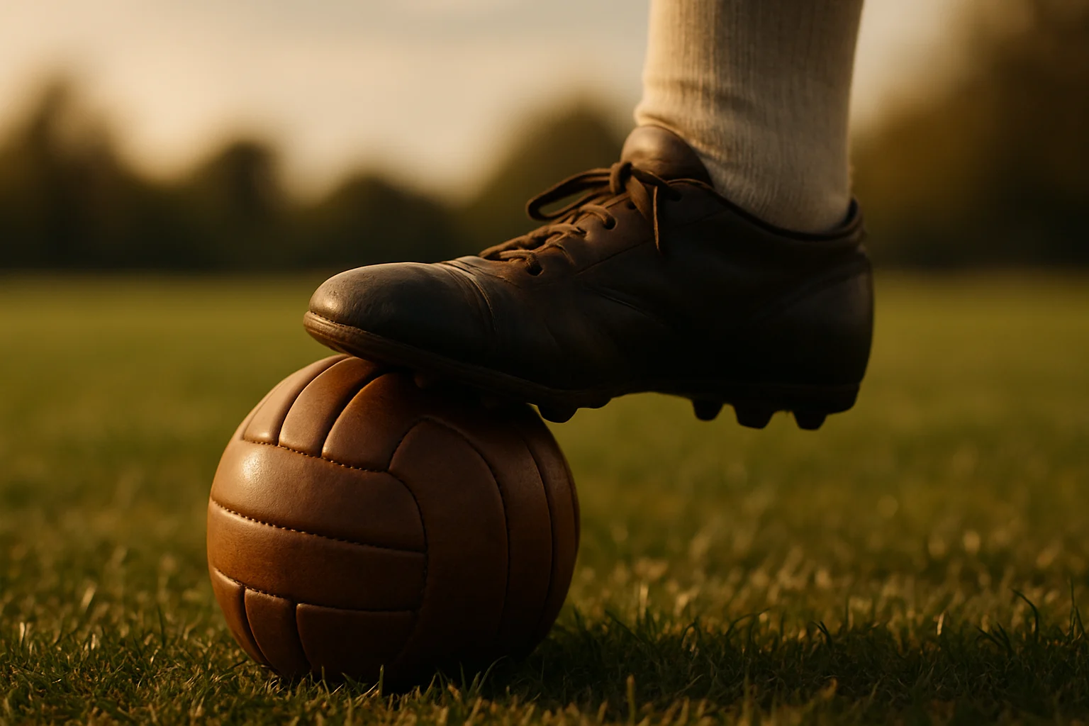 Primer plano de una pelota de fútbol de cuero marrón estilo 1930 bajo el botín de un jugador, sobre césped natural e iluminada por la luz del atardecer.