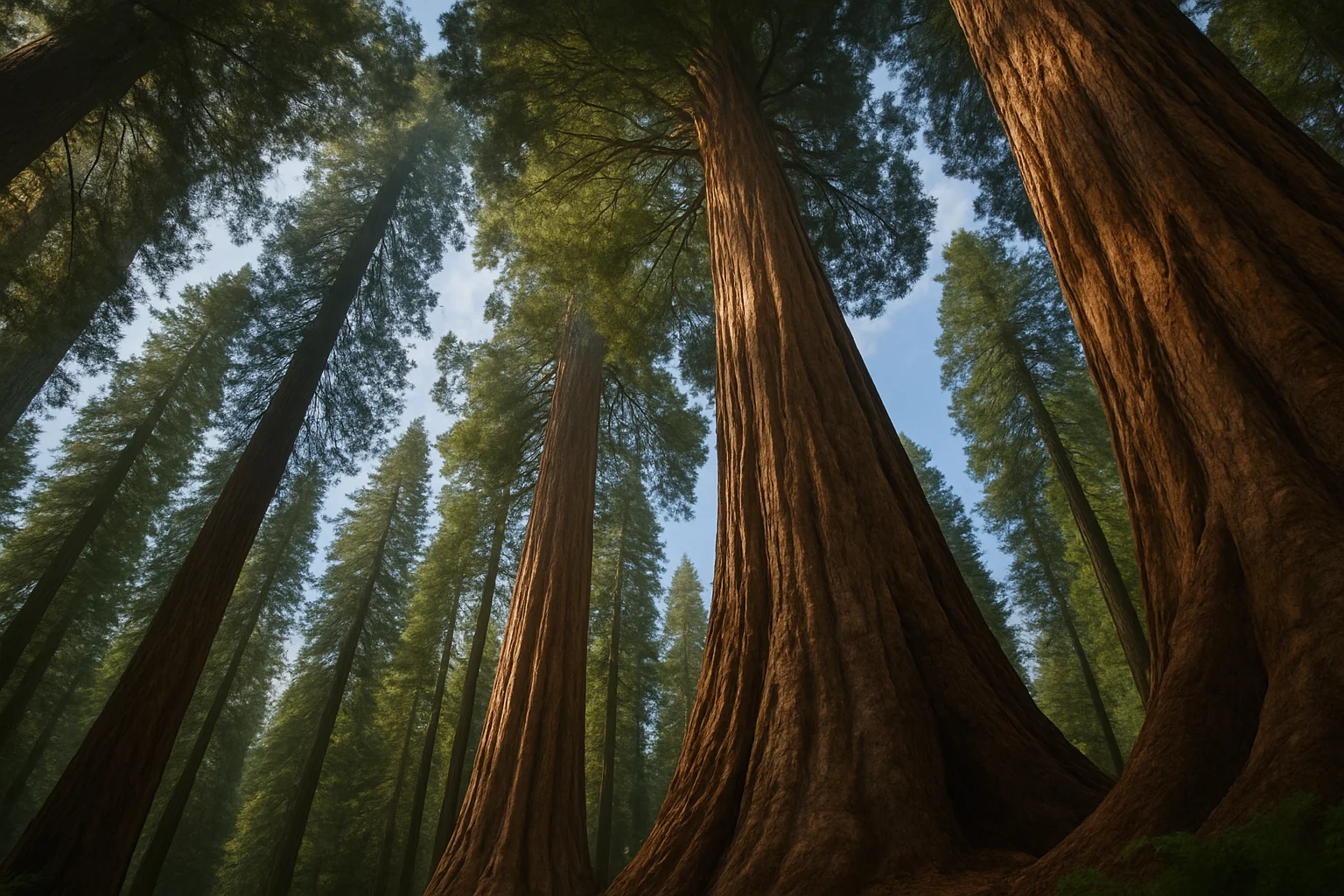 Vista desde el suelo hacia las copas de varias secuoyas gigantes, con luz solar atravesando el follaje en un bosque espeso.