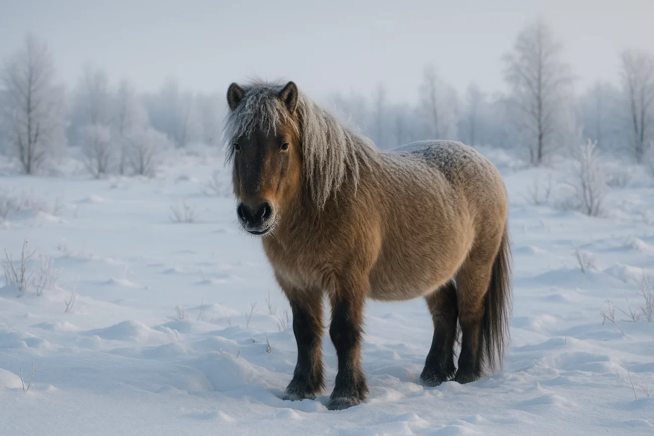 Caballo yakuto de pelaje espeso en un paisaje nevado, rodeado de árboles dispersos y nieve acumulada.