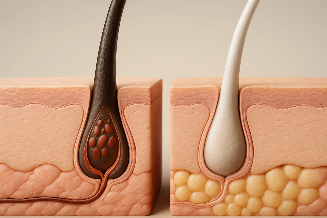 Ilustración médica en corte transversal de dos folículos pilosos: uno con cabello pigmentado y otro con cabello canoso, mostrando la ausencia de melanina.