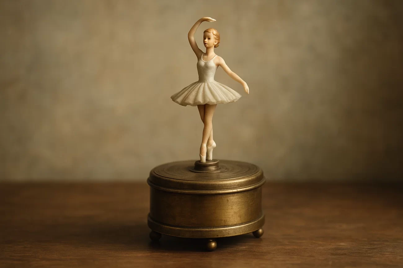 Figura de bailarina sobre una caja musical vintage girando lentamente, representando rotación sincronizada.