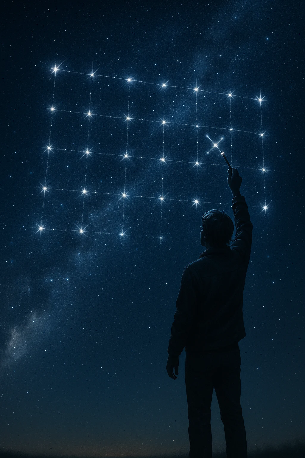 Persona de pie bajo el cielo nocturno, marcando con un palo luminoso un día en una constelación con forma de calendario hecha de estrellas.