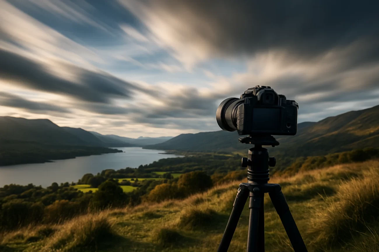 Cámara montada sobre trípode frente a un paisaje natural con nubes y luz cambiante, simbolizando la captura del tiempo