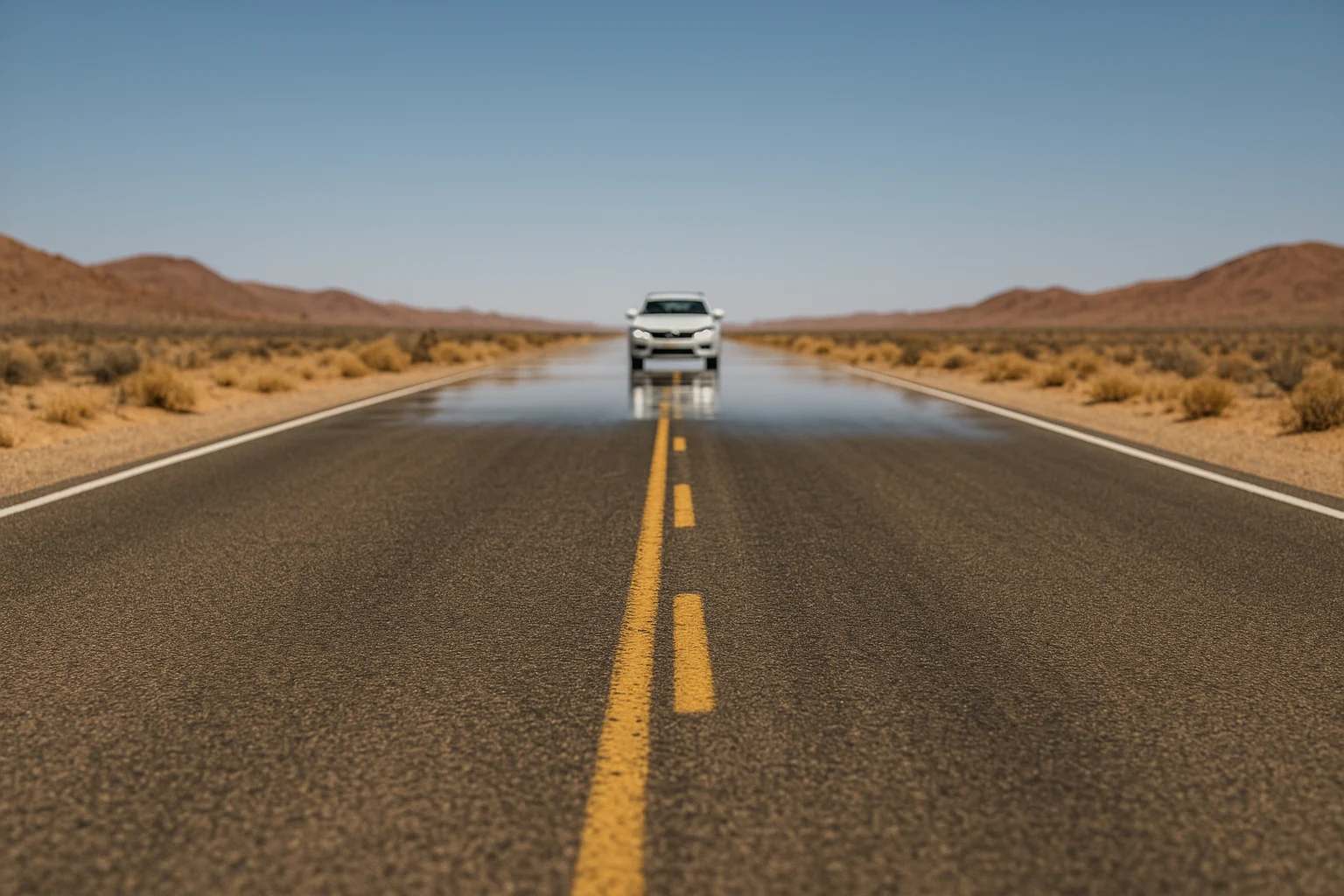Carretera desértica con efecto de espejismo al fondo y un auto blanco que parece flotar sobre el asfalto, reflejándose sobre una superficie que simula agua.