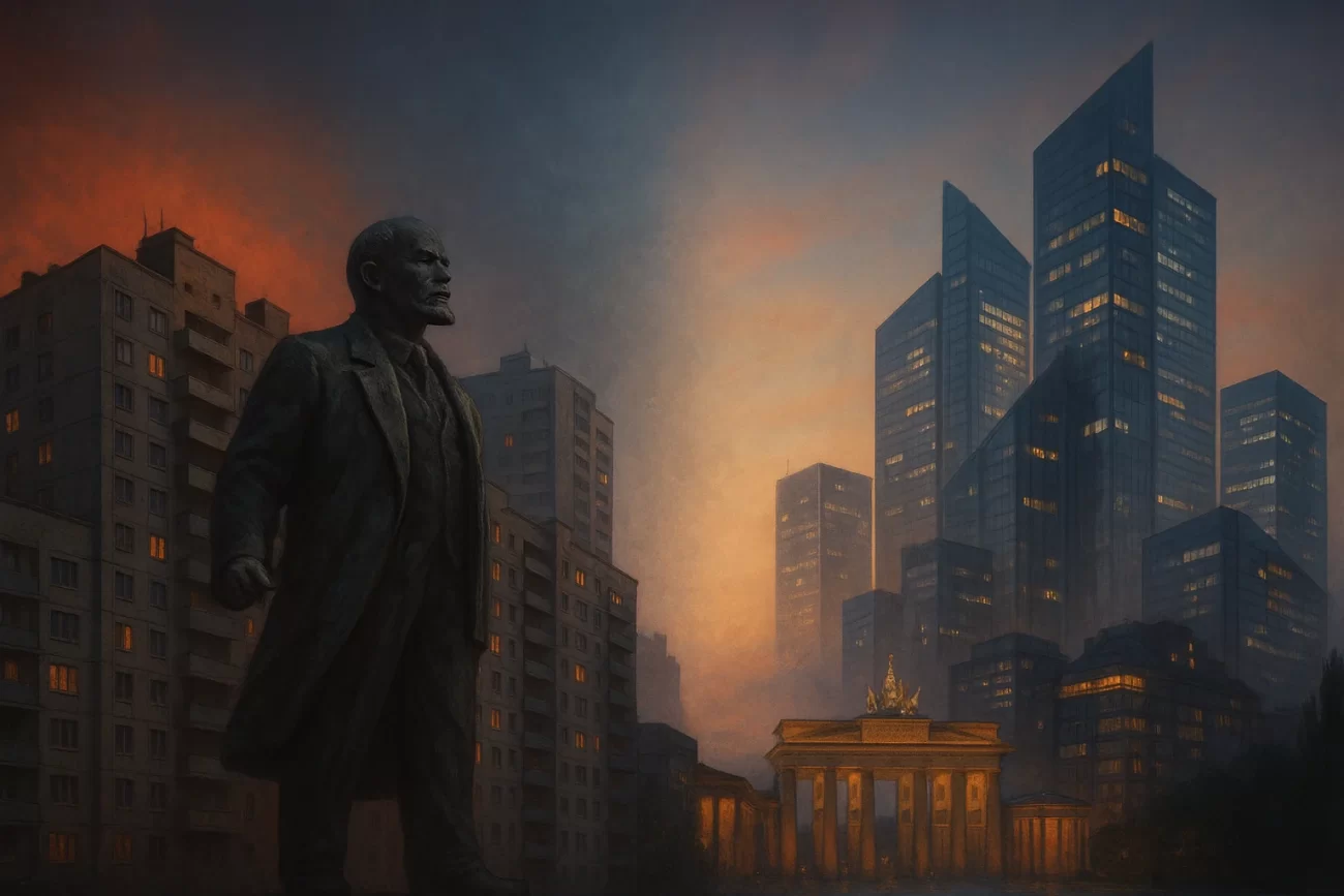 Ilustración de una estatua de Lenin frente a edificios soviéticos, fusionándose con rascacielos modernos y la Puerta de Brandeburgo iluminada al fondo.