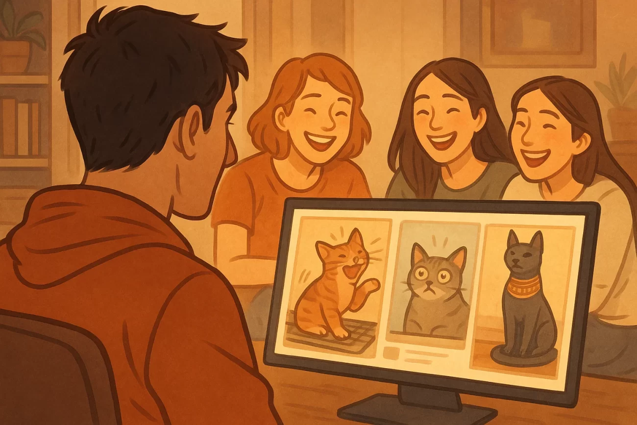 Ilustración estilo slice of life que muestra desde la perspectiva de un espectador a un grupo de personas riendo mientras ven videos de gatos en una pantalla.