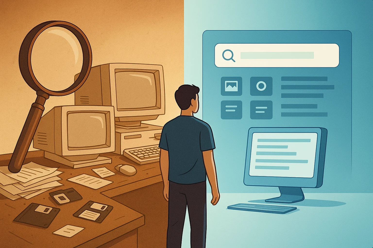 Ilustración digital que muestra el contraste entre una oficina antigua con tecnología desordenada y una interfaz digital futurista limpia, observadas por una figura humana.