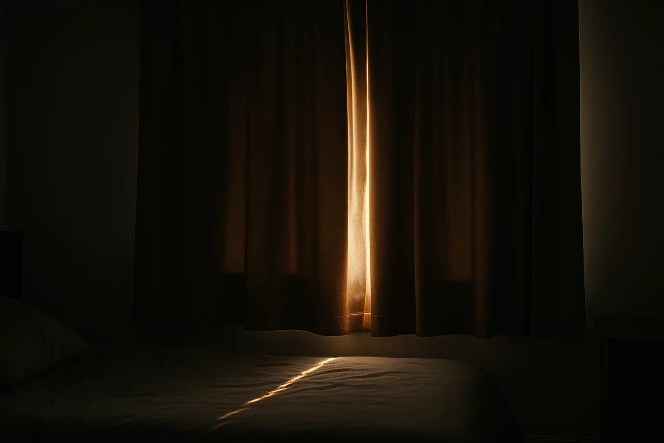 Habitación oscura con cortinas gruesas cerradas dejando pasar un haz de luz solar por los bordes, durante el día.