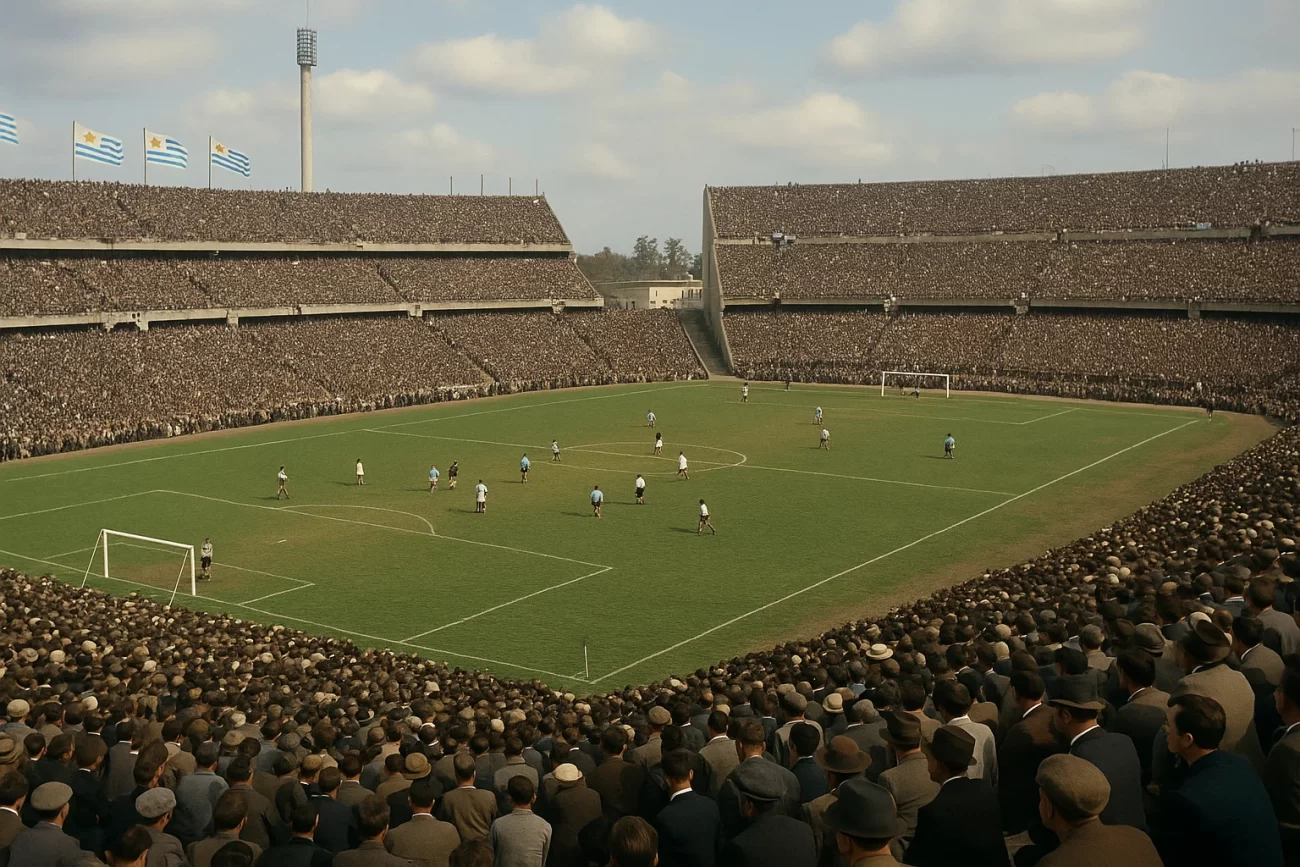 Vista realista del Estadio Centenario en 1930 durante un partido del primer Mundial de fútbol, con público en las gradas y banderas ondeando.