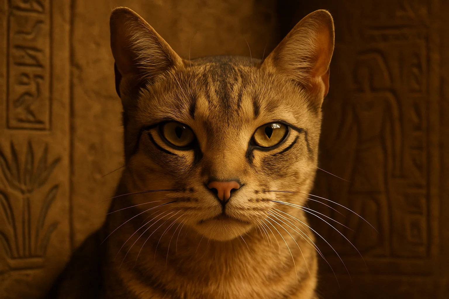 Retrato realista de un gato de pelaje dorado con ojos delineados al estilo egipcio, sentado frente a un muro con jeroglíficos y bañado por una luz cálida.