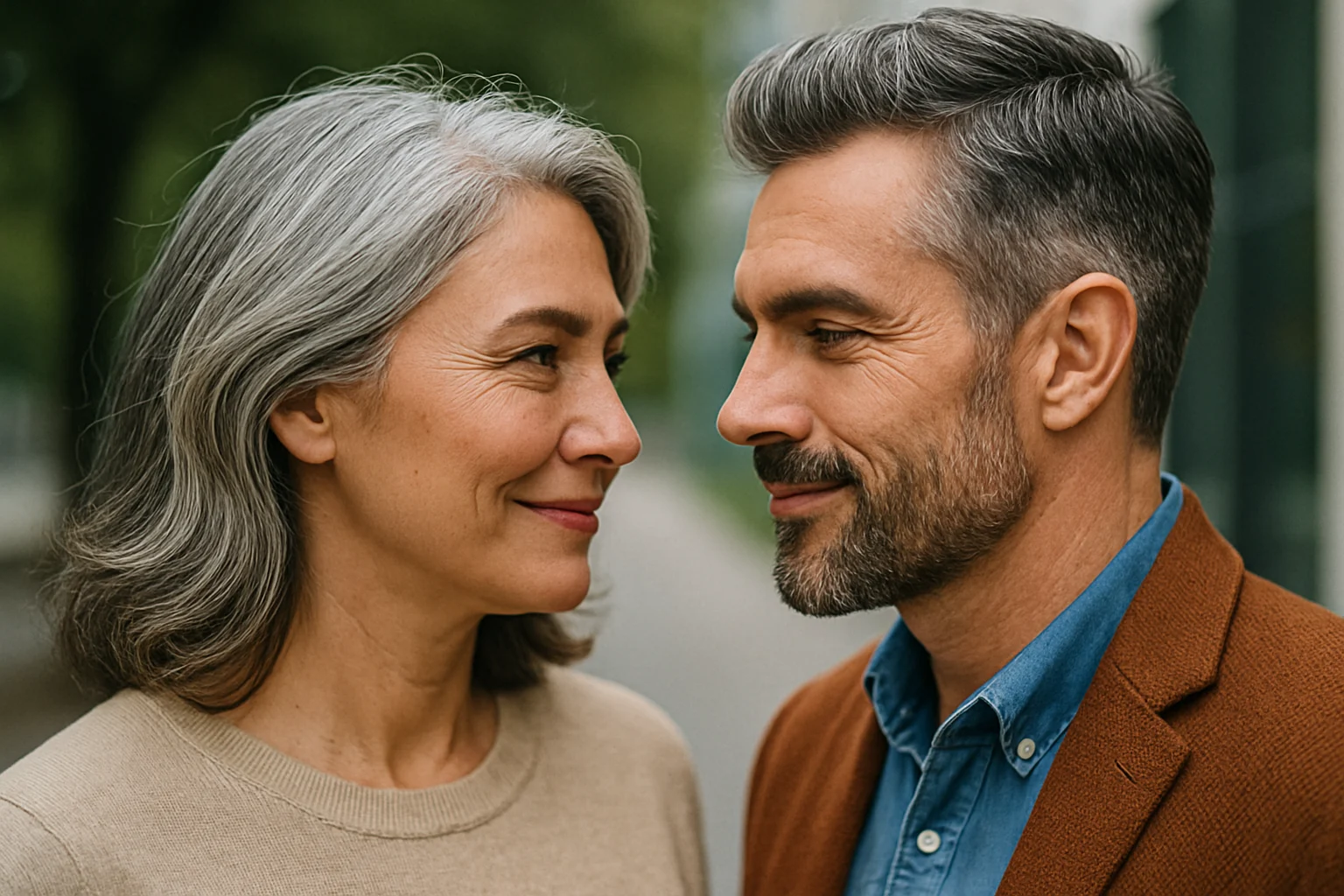 Hombre y mujer de mediana edad con canas visibles, mirándose con ternura en un entorno urbano, iluminados por luz natural.