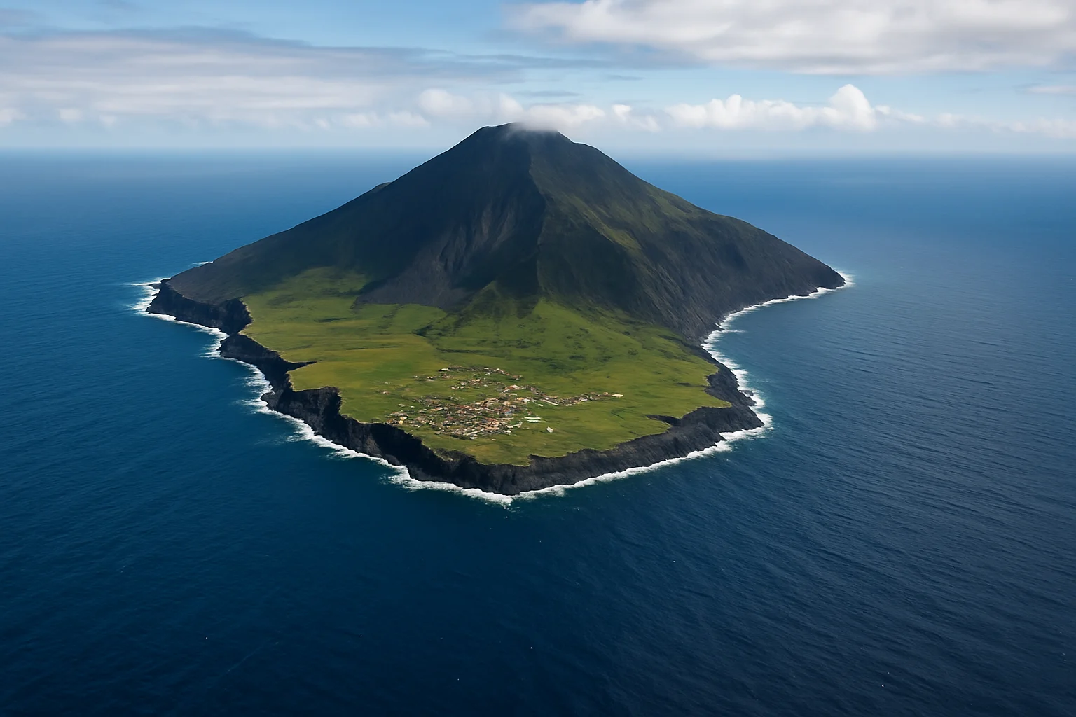 Vista aérea de una isla volcánica rodeada por el océano Atlántico, con un pequeño asentamiento visible entre colinas verdes al pie de una montaña oscura.