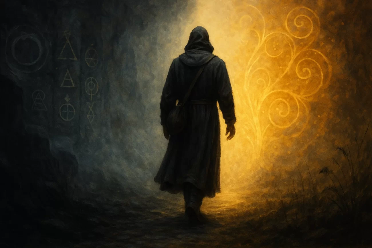 Alquimista caminando entre la oscuridad y la luz, en un paisaje simbólico que representa el tránsito entre el misterio y la sabiduría.