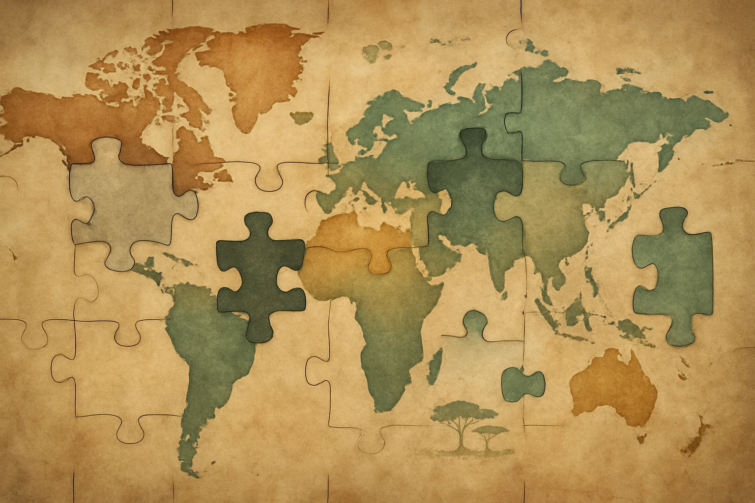 Mapa antiguo del mundo representado como un rompecabezas, con piezas faltantes y tonos cálidos de pergamino envejecido.