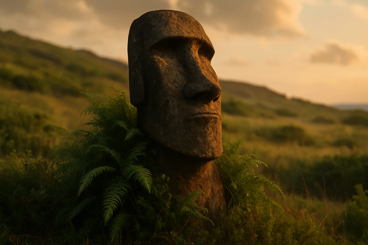 Moái solitario parcialmente cubierto por vegetación autóctona en la Isla de Pascua, iluminado por la luz cálida del atardecer.