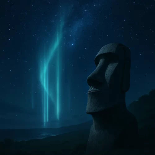 Moái bajo un cielo estrellado en la Isla de Pascua, con auroras o haces de luz en el horizonte, evocando un ambiente de misterio y teorías extraterrestres.
