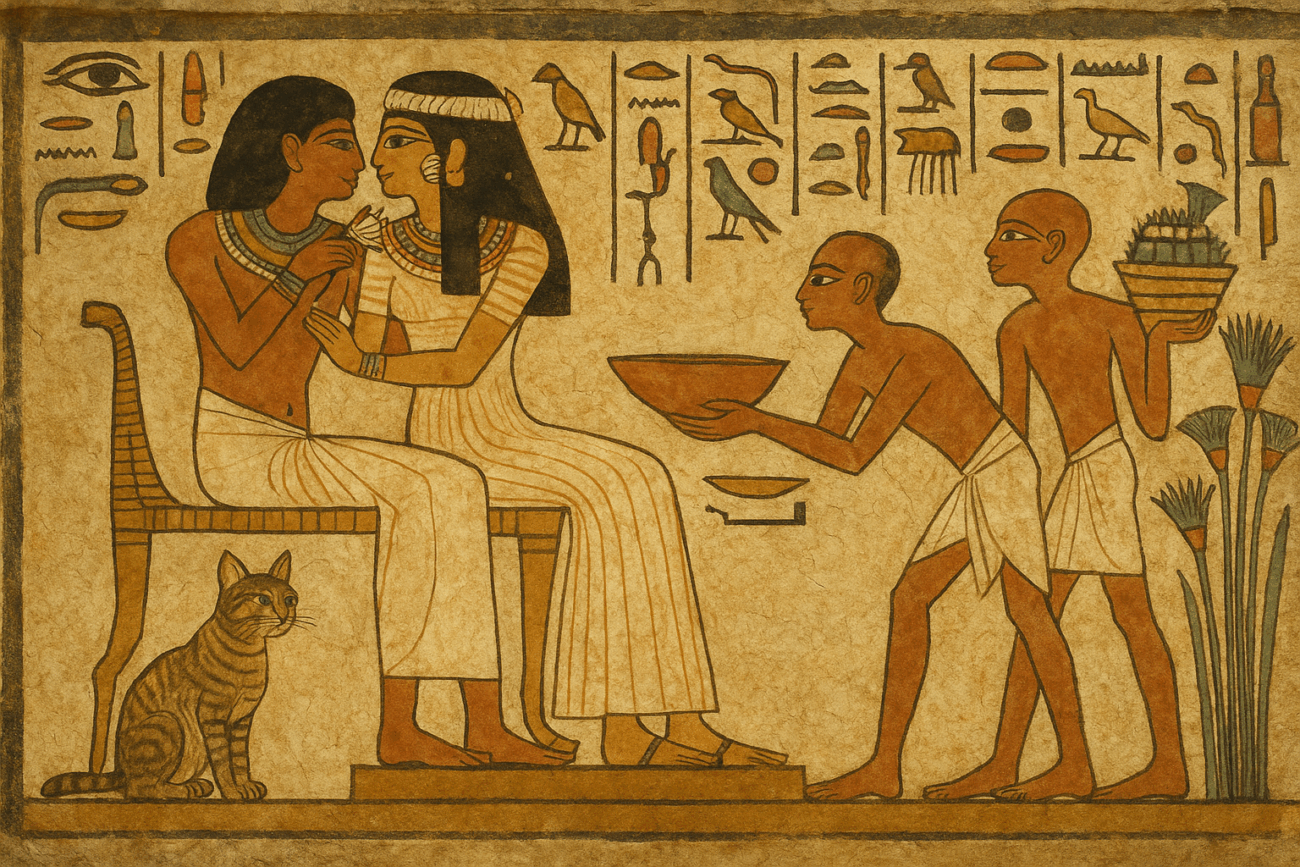 Mural egipcio realista que representa a una pareja noble siendo atendida por sirvientes, con un gato sentado en la base del trono como parte del entorno doméstico.