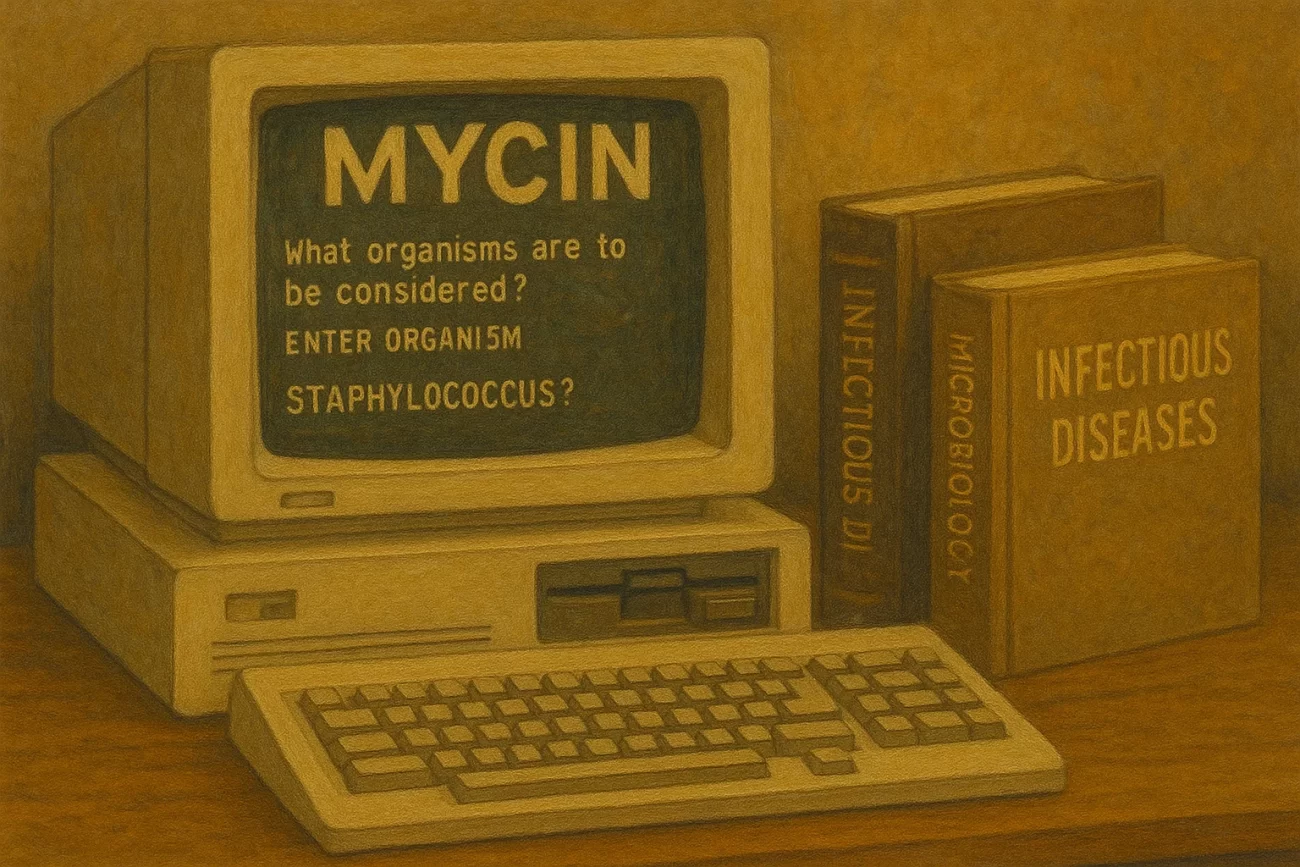 Computadora clásica con pantalla de texto mostrando la interfaz del sistema experto MYCIN, acompañada de libros médicos sobre enfermedades infecciosas.