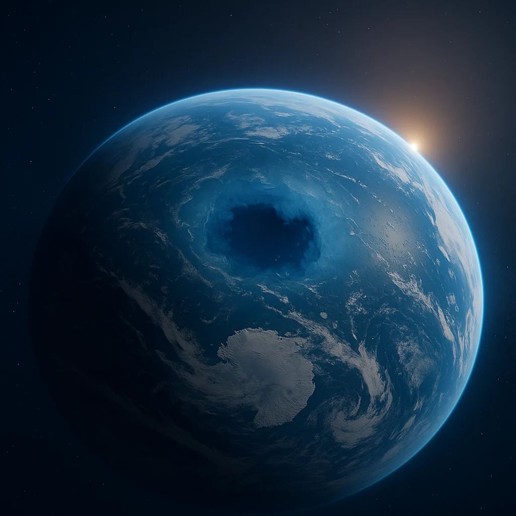 Vista del hemisferio sur de la Tierra desde el espacio, mostrando la región antártica y una abertura visible en la capa de ozono.