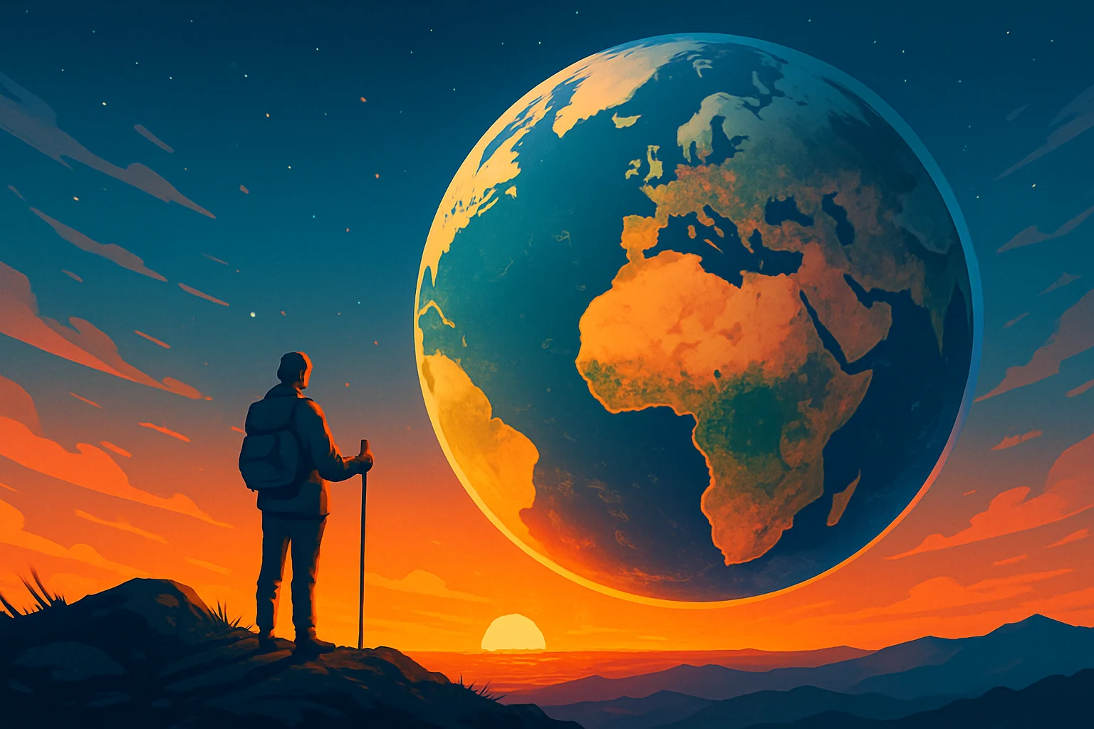 Ilustración surrealista de un viajero solitario observando una enorme Tierra esférica flotando en el cielo durante el atardecer, con un paisaje de colinas y colores intensos.