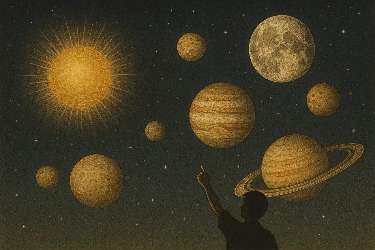 Ilustración vintage de una persona observando desde la Tierra siete cuerpos celestes —el Sol, la Luna y cinco planetas visibles a simple vista— aludiendo al nombre de los dias de la semana.