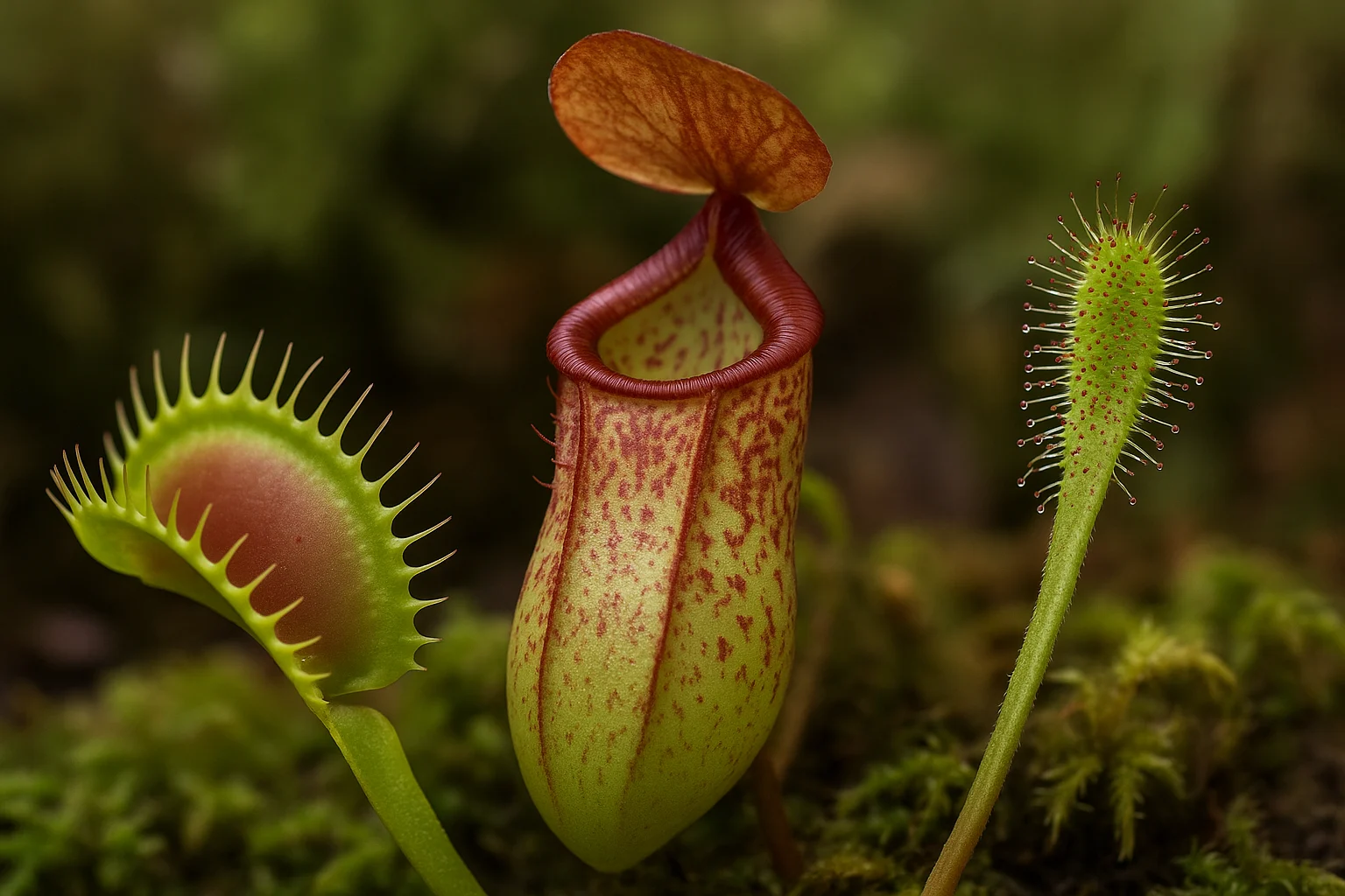 Primer plano de tres plantas carnívoras: una Venus atrapamoscas con sus lóbulos abiertos, una planta jarro con manchas rojizas y una Drosera con tentáculos brillantes, todas sobre un fondo natural borroso.