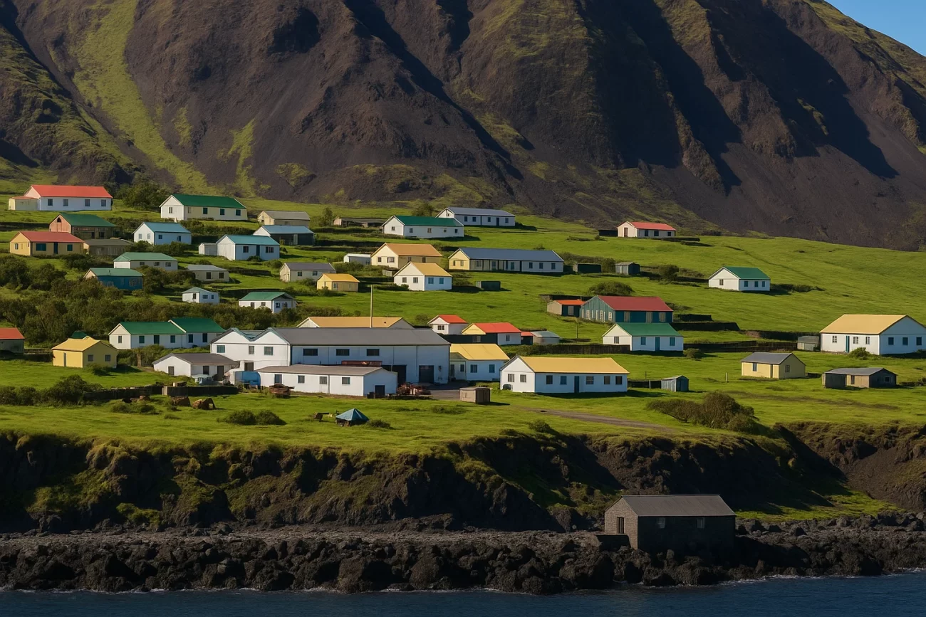 Pueblo costero con casas de colores al pie de una montaña volcánica en una isla remota, rodeado de colinas verdes y acantilados junto al mar.
