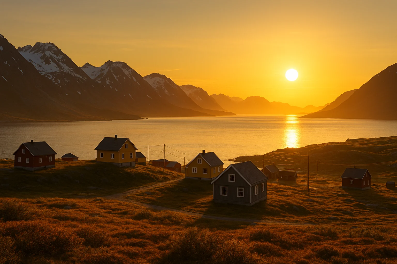 Pueblo ártico iluminado por el sol de medianoche, con casas de colores frente a un fiordo y montañas nevadas al fondo.