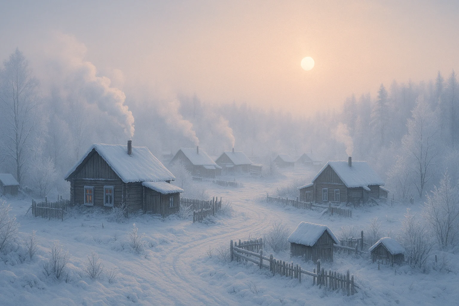 Vista panorámica de una aldea remota en Siberia cubierta de nieve, con casas de madera humeando bajo un sol invernal tenue.