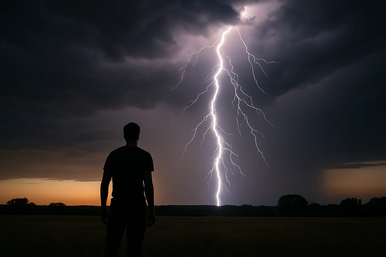 Persona de pie en un campo abierto durante una tormenta eléctrica nocturna, iluminada por un rayo que atraviesa el cielo.