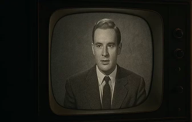 Televisor antiguo de los años 50 encendido, proyectando una imagen en blanco y negro, junto a una lámpara de mesa en una sala de estilo vintage.