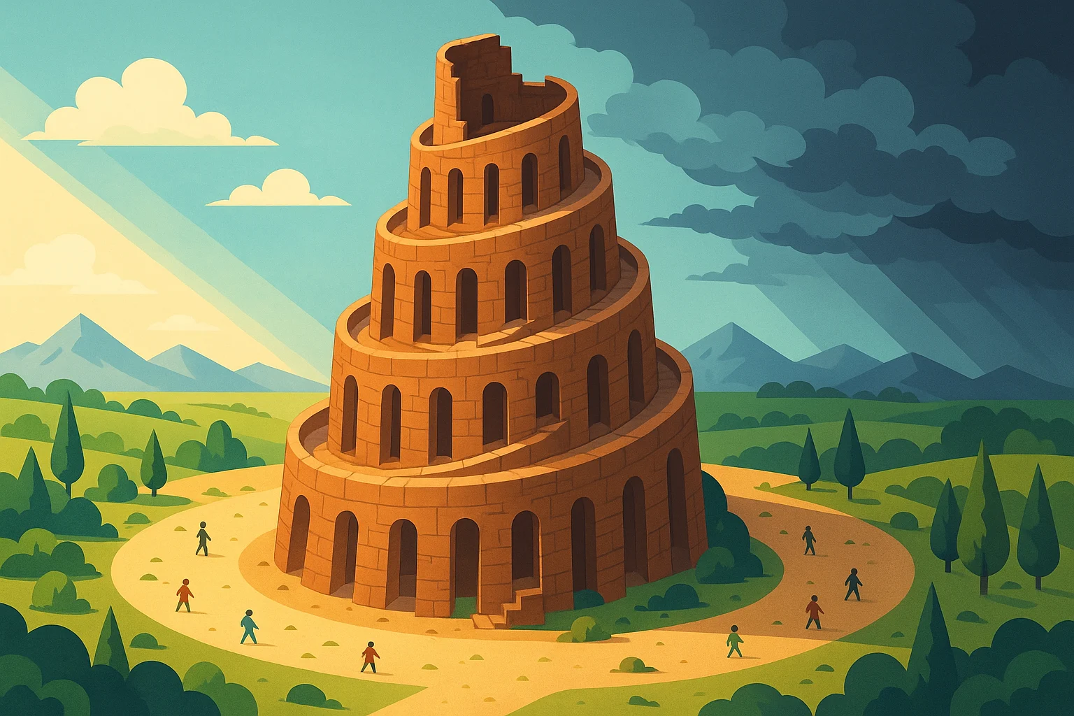Ilustración isométrica de la Torre de Babel en un paisaje colorido, con personas dispersas, un cielo dividido y elementos naturales estilizados.