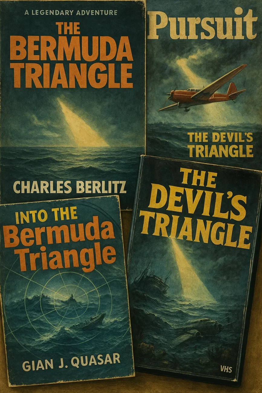Collage de portadas vintage de libros y una cinta VHS sobre el Triángulo de las Bermudas, con ilustraciones de barcos, aviones y luces misteriosas sobre el mar.
