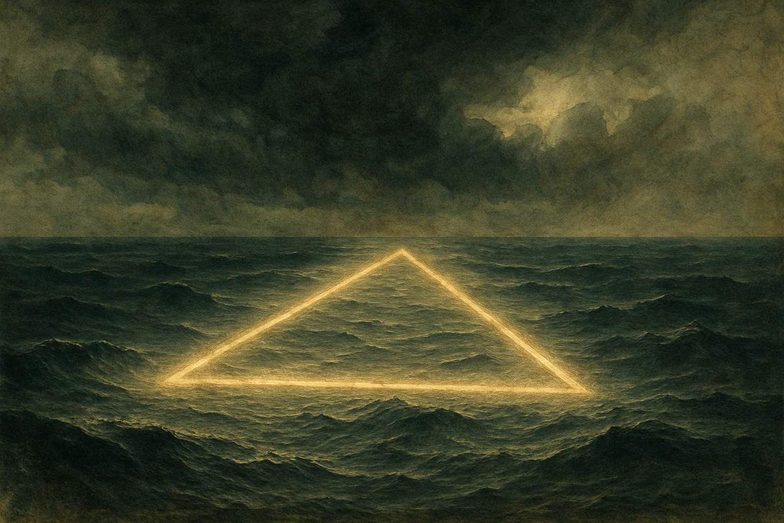 Vista del océano Atlántico durante una tormenta, con un triángulo de luz dorada brillando sobre las olas, en una atmósfera misteriosa y oscura.